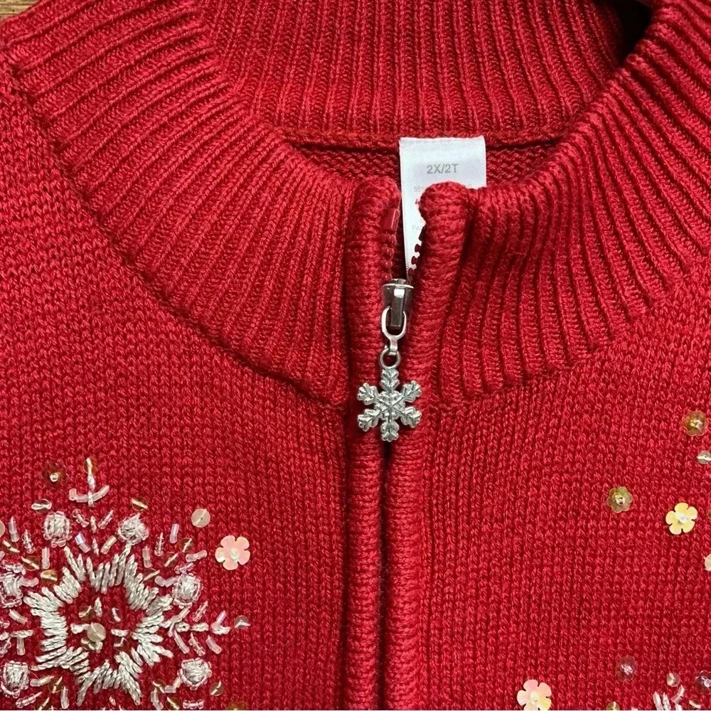 Christmas zip up sweater size 2X red with sequins snowflake themed